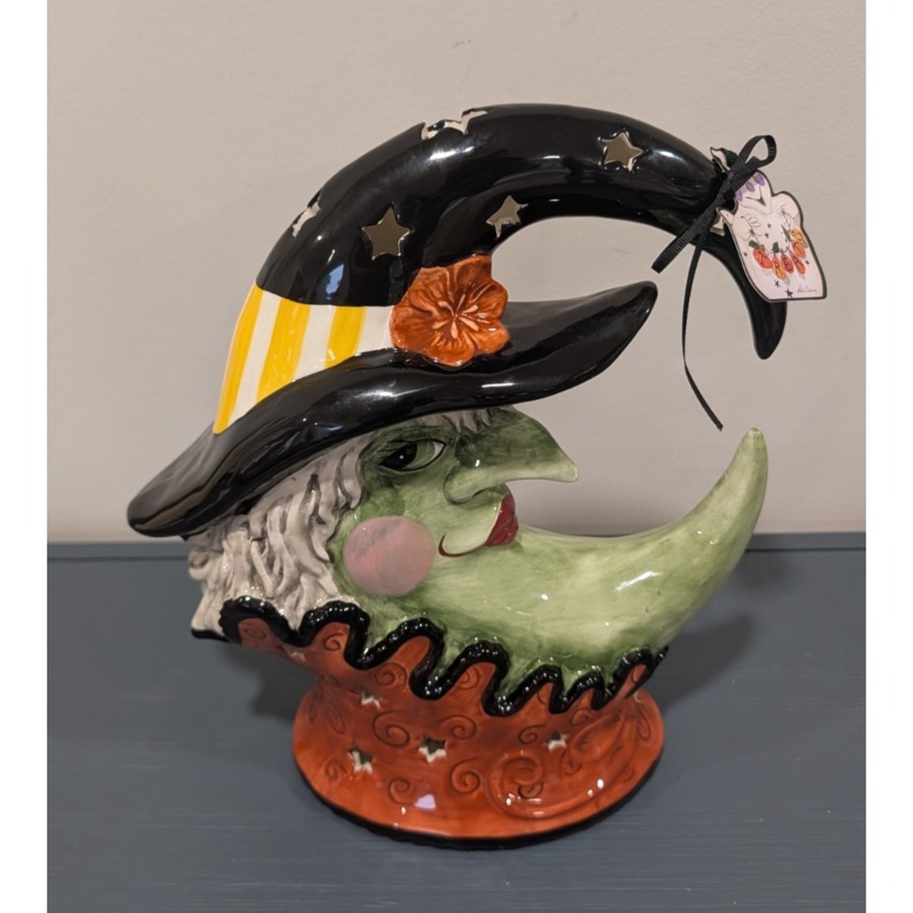 Blue Sky Clayworks Halloween Crescent Moon Witch Ceramic Tea Light Holder New